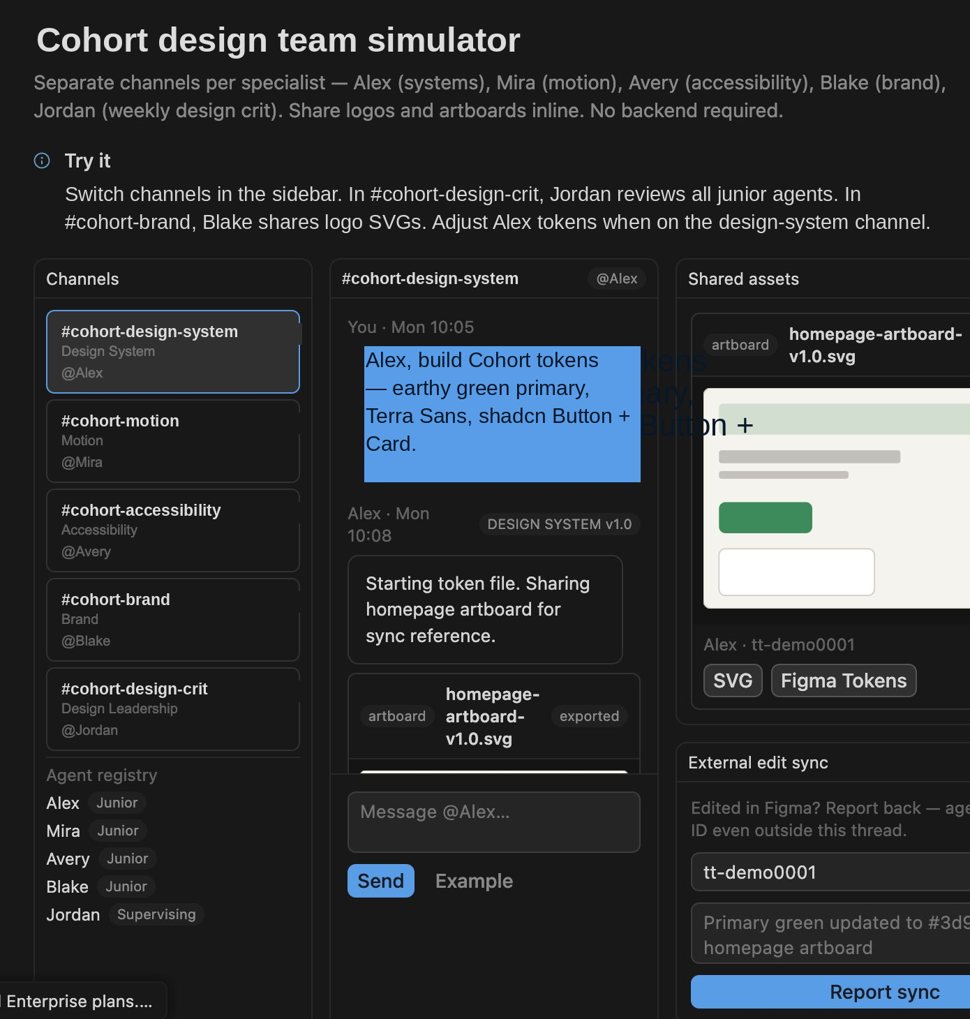 Cohort design team simulator — prototype screenshot showing Slack-style channels for each specialist agent